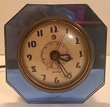 VTG TELECHRON CLOCK BLUE MIRROR ELECTRIC ALARM MODEL 7F77 ART DECO 40S DESK USA