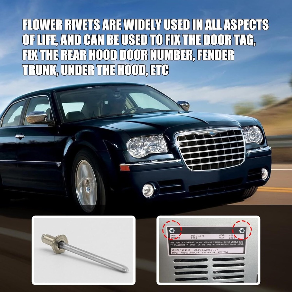 12-Pack Stainless Steel Rosette Rivets – VIN Door Tag Fasteners For GM, Ford, Chrysler, AMC, Silver Finish