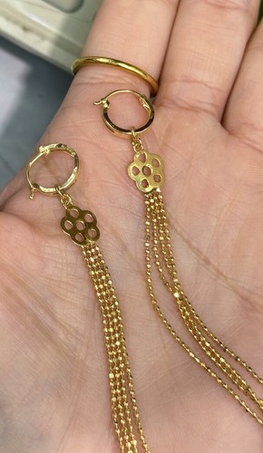 14k Solid Yellow Gold Long Dangle Hoop Earrings, 4.06 Grams - Picture 3 of 6