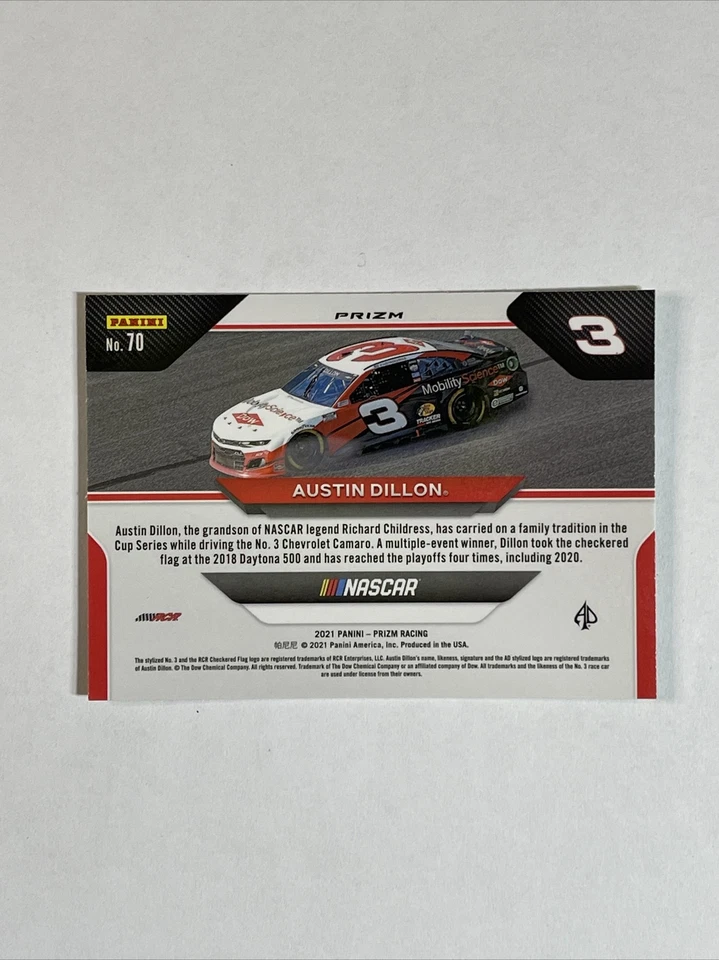 2021 Panini Prizm Racing Austin Dillon Wheels Green Prizm #70 Nascar Car # 3 - Image 2 of 4