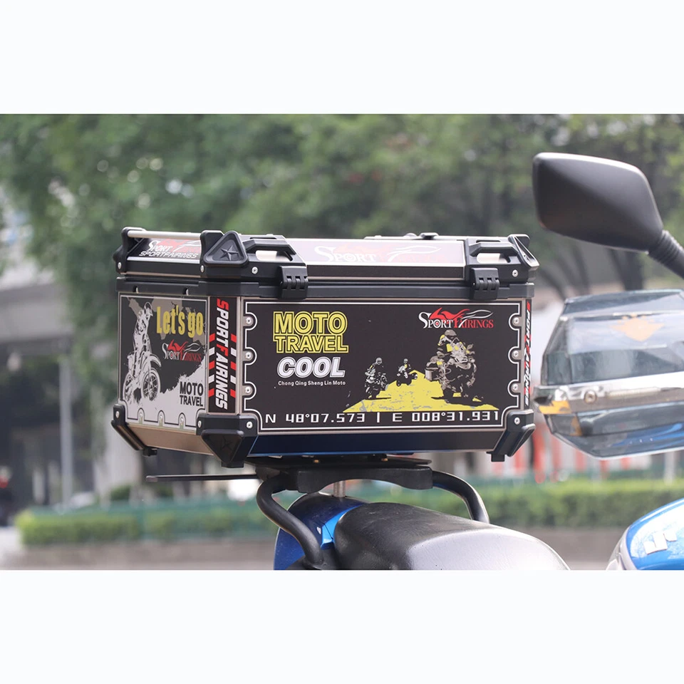 Caja trasera de aluminio para motocicleta 65L maletero con bloqueo superior estuche almacenamiento de equipaje de viaje Foto 2 de 4