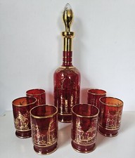 Vtg Decanter 6 Glasses Bohemian Ruby Cranberry Red Gold Overlay W/ Stopper Glass