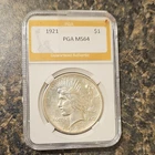 1921 Peace Dollar $1 Silver PGA Certified MS64 Philadelphia Uncirculated
