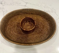 WOVEN RATTAN CHIP & DIP SERVER Oval Wicker 16x12”