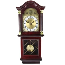 Antique Mahogany Cherry Oak Chiming Wall Clock with Roman Numerals, 26" L