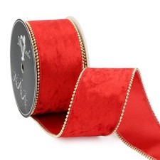 Red Crushed Velvet Wired Ribbon 2.5 Inch Gold Beaded Edge 10 Yards Gift Wrap