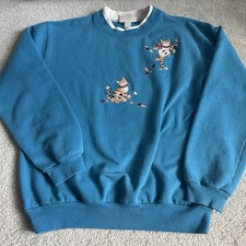Vintage 90s Womens Cat Crewneck Sweatshirt with Collar EUC Granny Medium Cottage