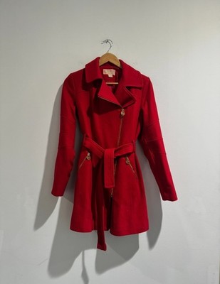 Michael Kors Women's Red Belted Zip Coat Gold MK Hardware Wool