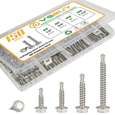 VGBUY 150Pcs Self Drilling Screws Assortment Kit, 410 1.5 inches, Silver