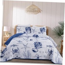 Quilt Set Queen Coastal Beach Theme Quilt Coverlet Queen 90"x 96" Navy Blue