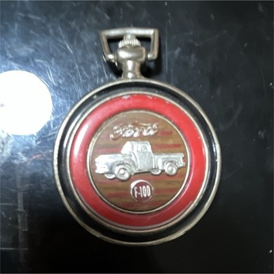 Ford F-100 Pocket Watch Full Hunter Red Dial Quartz w/ Chain