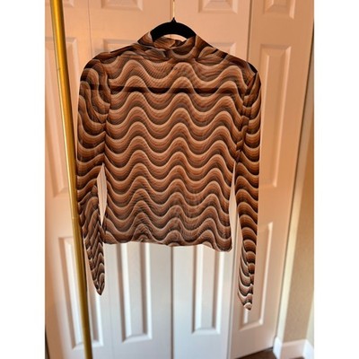 Womens Top Brown Wavy Psychedelic Mesh Mock Neck Long Sleeve Large