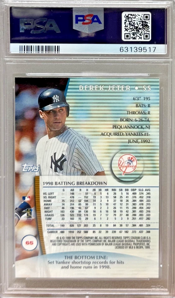 1999 Topps Stadium Club #65 Derek Jeter PSA 10 - Image 2 of 2