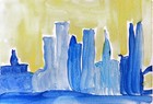 City Skyline Yellow Blue Abstract Expressionist Original Watercolor Paint ACEO. — photo 1