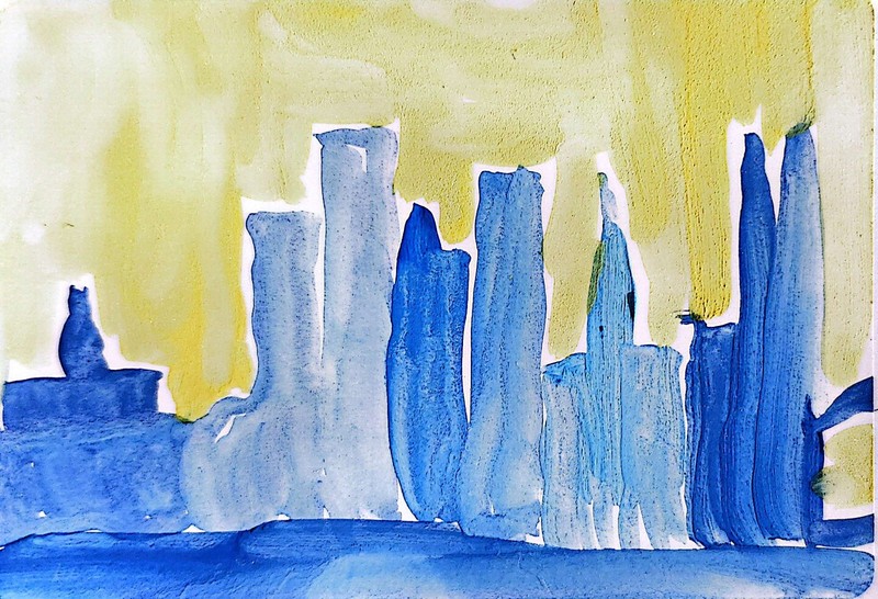 City Skyline Yellow Blue Abstract Expressionist Original Watercolor Paint ACEO.