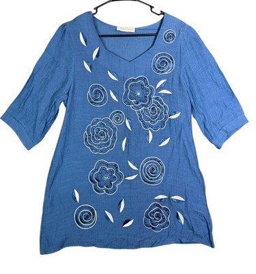 Max Mara Tunic Top Women's Small Medium Blue Short Sleeve Embellished Flower