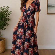 NWT Dress Forum Floral Midi Maxi Dress Womens M Navy Button Front Boho Cottage