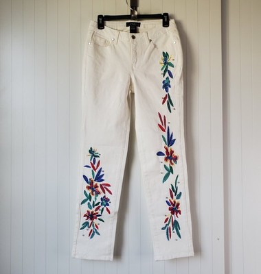 Midnight Velvet White Denim Jeans Sz 6 Floral Embroidered Beads Slim Fit 