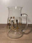 Vintage MCM Pyrex Gold Key Glass Pitcher  - 9”