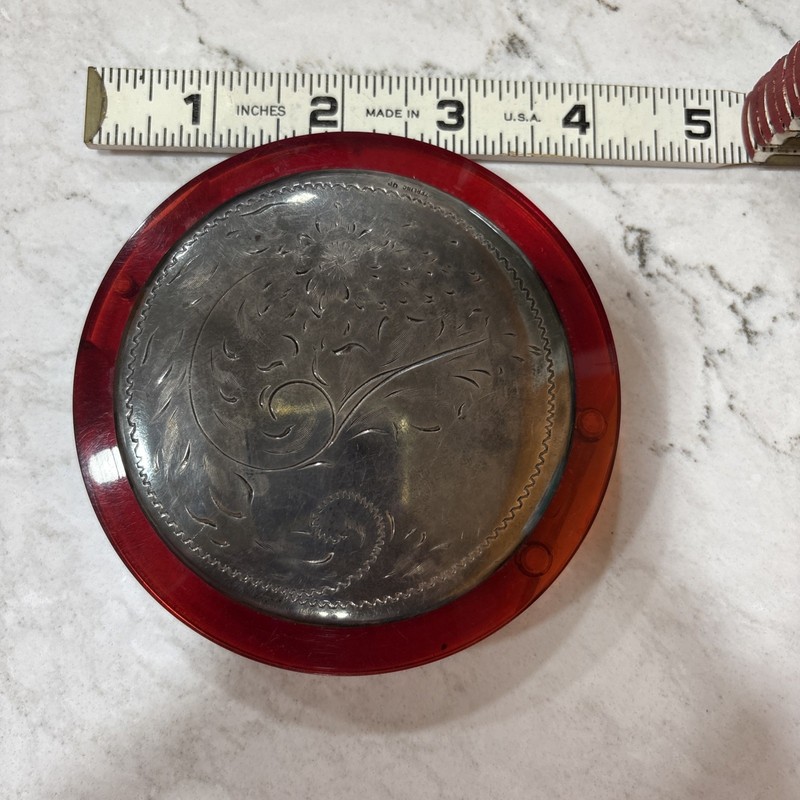Sterling Silver Marked Lucite Compact Case Antique 1940s Round Flap Jack Style