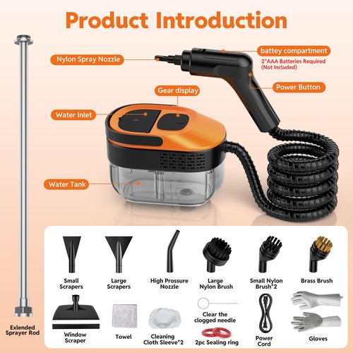 Dampfreiniger für Haus & Auto - 2500W tragbarer Handdampfer groß, orange  - Bild 8 von 8