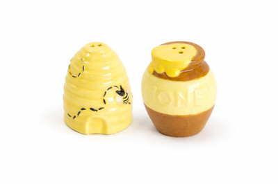 Honey Pot Mini Pepper Shaker & Beehive Salt Shaker Stoneware Bee Kitchen Decor