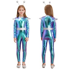 Kids Girls Alien Outer Space Cosplay Fancy Dress Up Metallic Jumpsuit Outfits