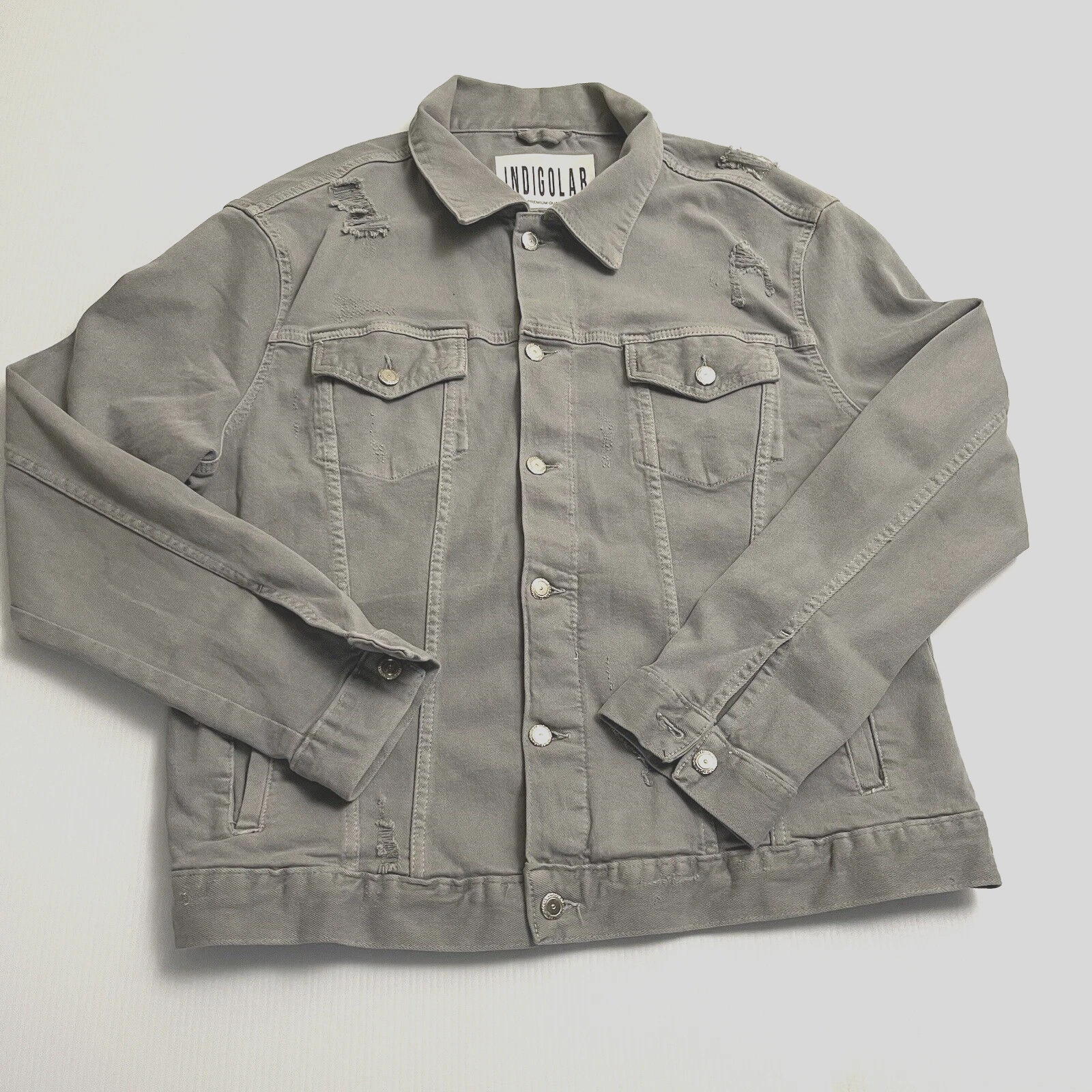 IndigolabTurkish Denim Jacket Mens XL Gray Jean Med Wash Distressed LAB 2115