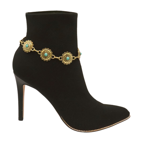 Women Gold Metal Chain Boot Bracelet PAIR Turquoise Blue Flower Charm HANDMADE - Picture 11 of 24