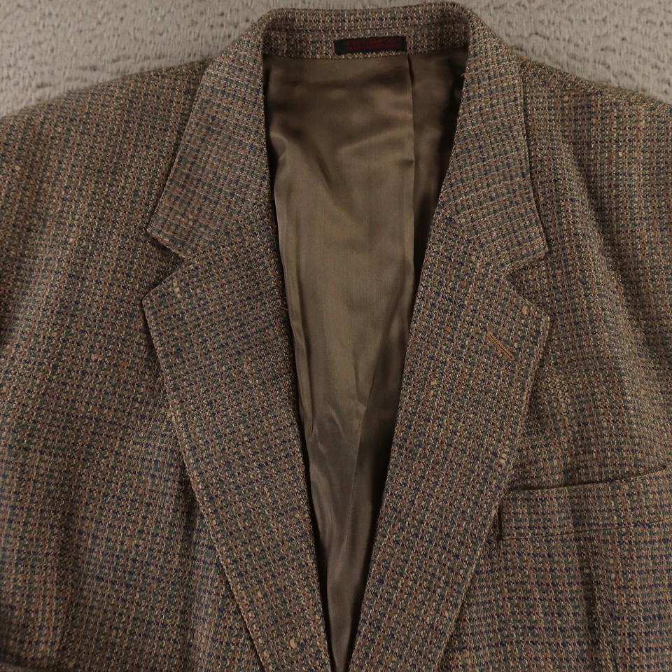 VTG Hopsack Jacket XL Brown Blue Check Houndstooth Wool Silk Blazer 48R - Image 2 of 4