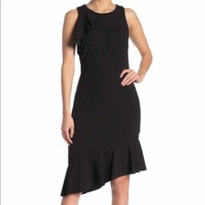 KENSIE SOLID SLEEVELESS RUFFLED CREPE MIDI DRESS