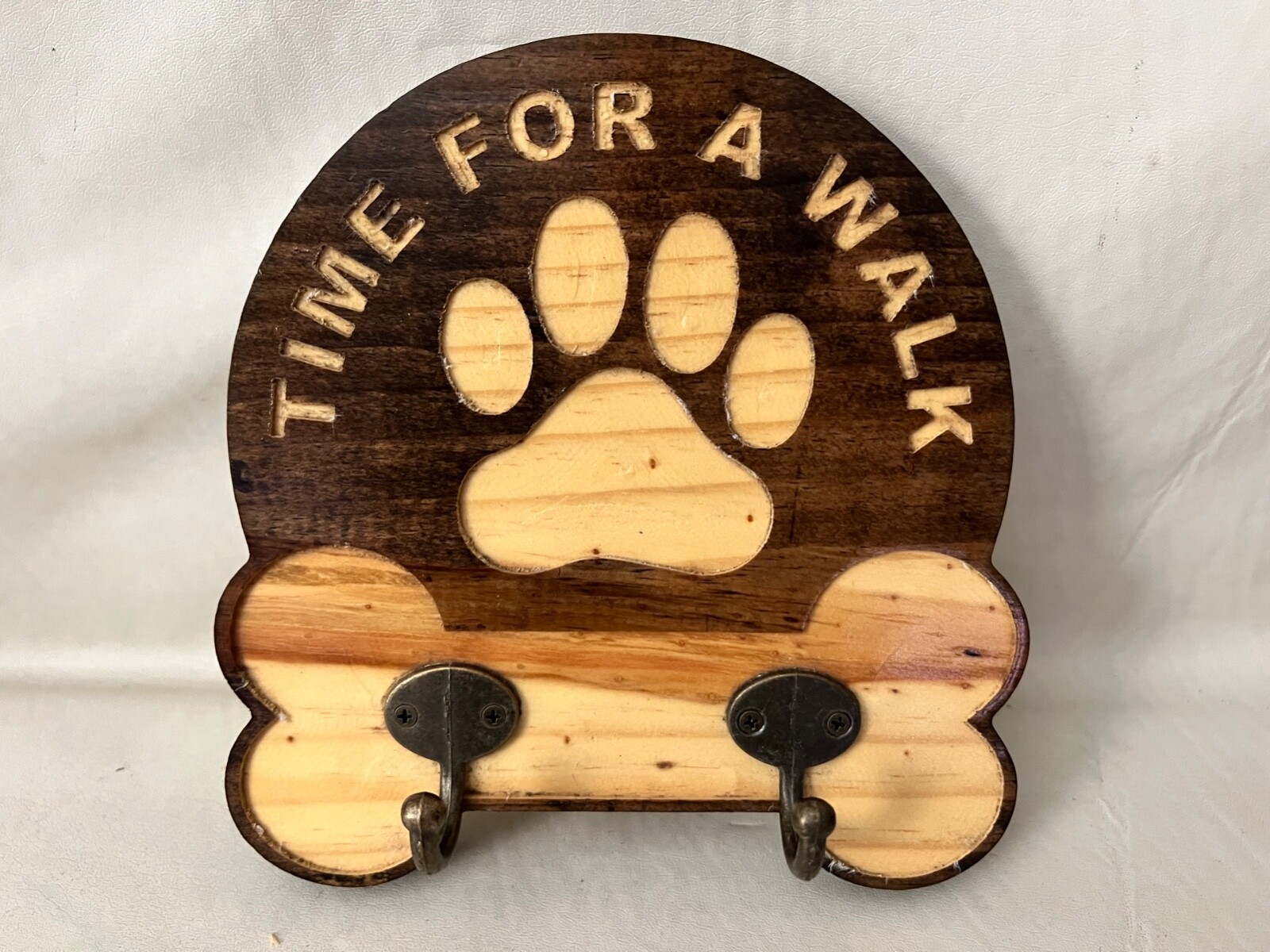 Dog Leash Holder TIME FOR A WALK Rustic Art Design Crafted Wood Wall Mounted