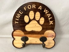 Dog Leash Holder TIME FOR A WALK Rustic Art Design Crafted Wood Wall Mounted