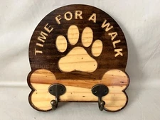 Dog Leash Holder TIME FOR A WALK Rustic Art Design Crafted Wood Wall Mounted