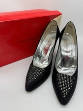 Vtg Charles Jourdan Womens Pump Size 7 Black Satin Rhinestone High Heel Shoes