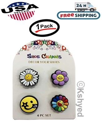 4 Pcs of Smiley Flower Shoe Charms For Croc, Bracelet, Shoe & Wristbands - New