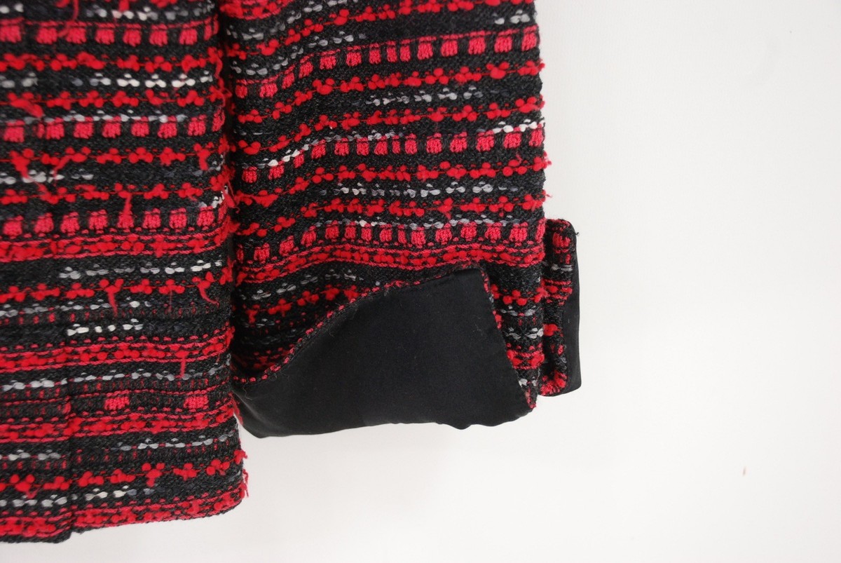 St. John Boucle Knit Pointed Collar Zip Jacket Coat Red Black Gray