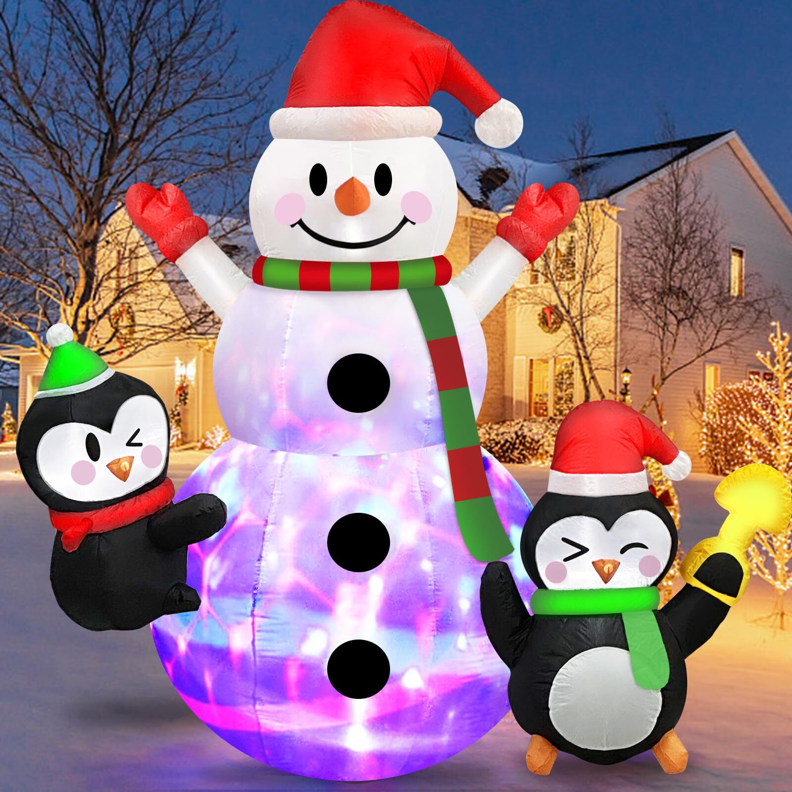 6 FT Christmas Inflatables Snowman with Penguins Built-in Rotating Colorful L...