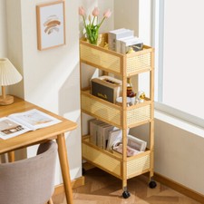 3-Tier Bamboo Storage Trolley Cart On Wheels Mobile Storage Shelves Rack