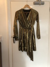 Nasty Gal Slinky Gold Cross- Over front Mini Dress With Drape At Front BNWT