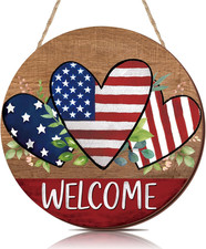 4Th of July Wooden Hanging Door Sign Patriotic Heart Welcome Sign Independence D