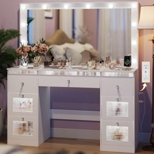 Vanity Desk with Mirror and Lights 3 Colors Glass Top Vanity