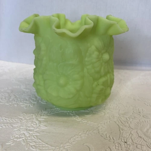 Vintage Fenton Green  Ruffle Poppy Flower Frosted Uranium Glass Vase or Planter