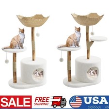 46in Cat Tree Rattan Cat Tower with Luxury Woven Condo and Scratching Post