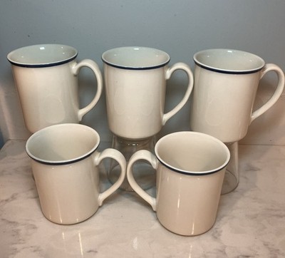 Vintage Corning Corelle stoneware coffee mug Cream Blue Stripe Set Of  5 USA