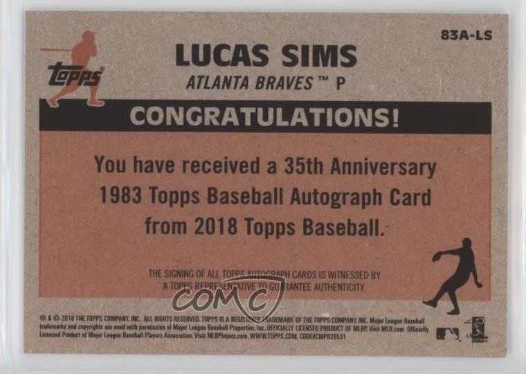 2018 Topps 1983 Topps Design Auto Lucas Sims #83A-LS Rookie Auto RC - Image 2 of 2