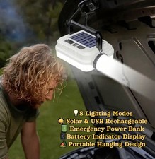 Solar Camping Lantern Rechargeable Flashlight 3600mAh 8 Modes Power Bank