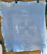 Kidgets Blue Waffle Weave Satin Edge Bless This Baby Blanket 28x29 Thermal Throw