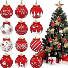 12Pcs Red and White Christmas Ball Design Hanging Wooden Ornaments Set -...