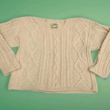 VTG Carraig Donn Aran Ireland Pure Wool Fisherman Cable Knit Sweater HOLE READ